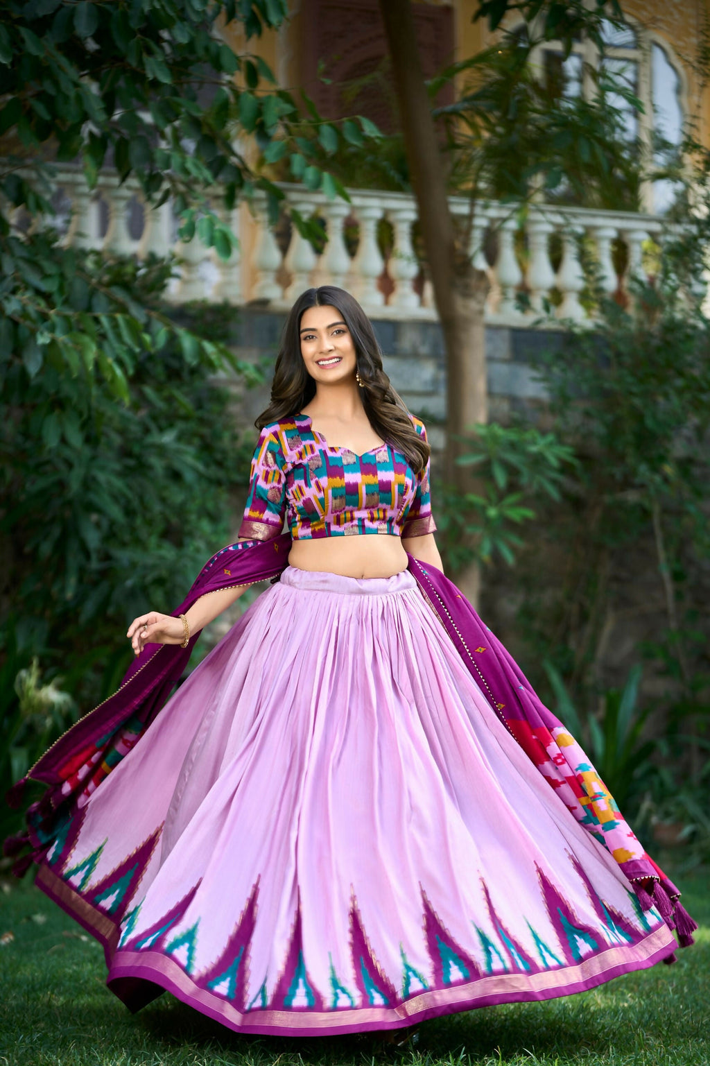 Vastranavya Printed and Foil Work Tussar Silk Lehenga with Unstitched Blouse - Lavender