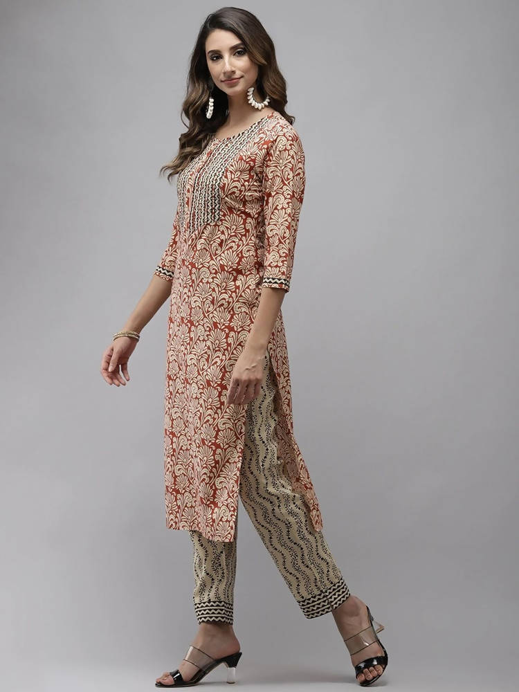 Yufta Women Beige Ethnic motifs Printed Kurta with Trouser & With Dupatta