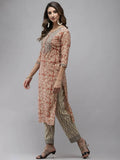 Yufta Women Beige Ethnic motifs Printed Kurta with Trouser & With Dupatta