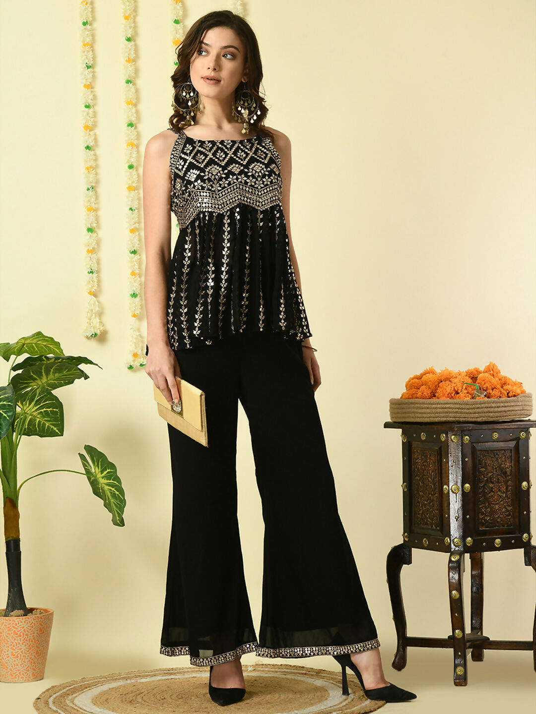 Myshka Women's Black Georgette Top With Palazzos Party Sets