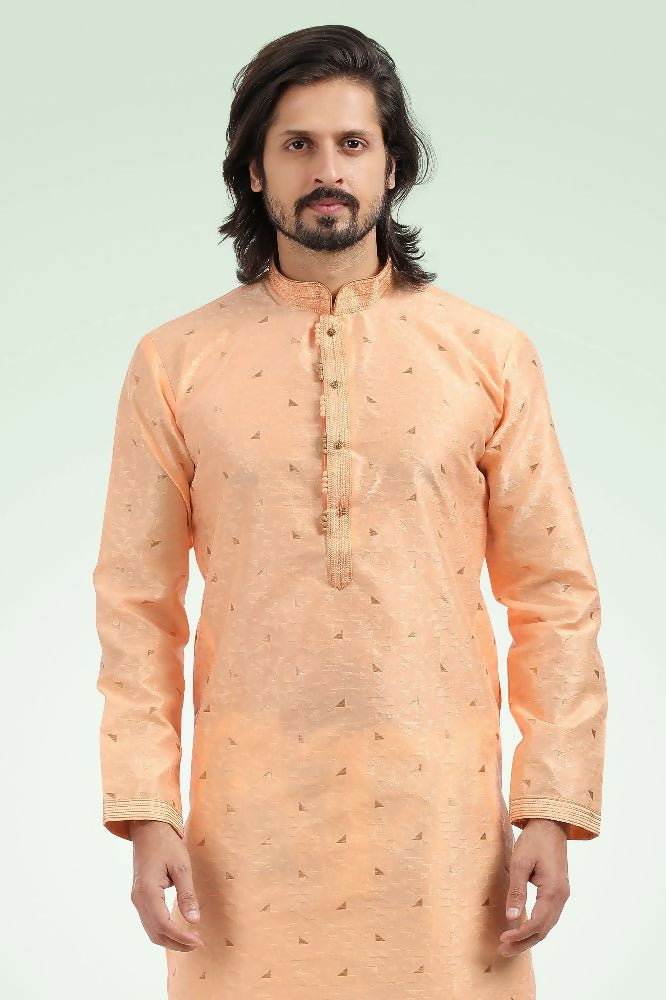 Raivat Ethnic Jacquard Banarasi Silk Pintux Work Kurta Pajama In Peach Colour