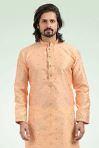 Raivat Ethnic Jacquard Banarasi Silk Pintux Work Kurta Pajama In Peach Colour