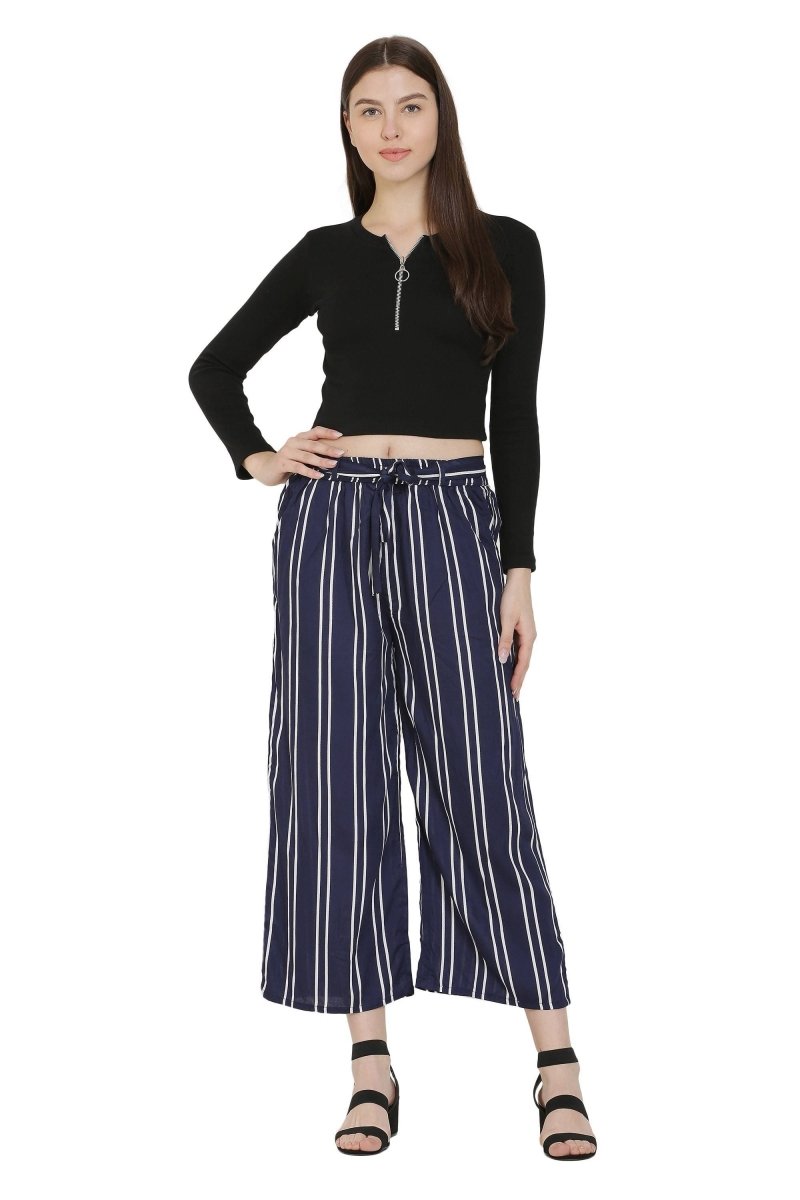 Asmaani Navy Blue Color Rayon Fabric Stripped Palazzo