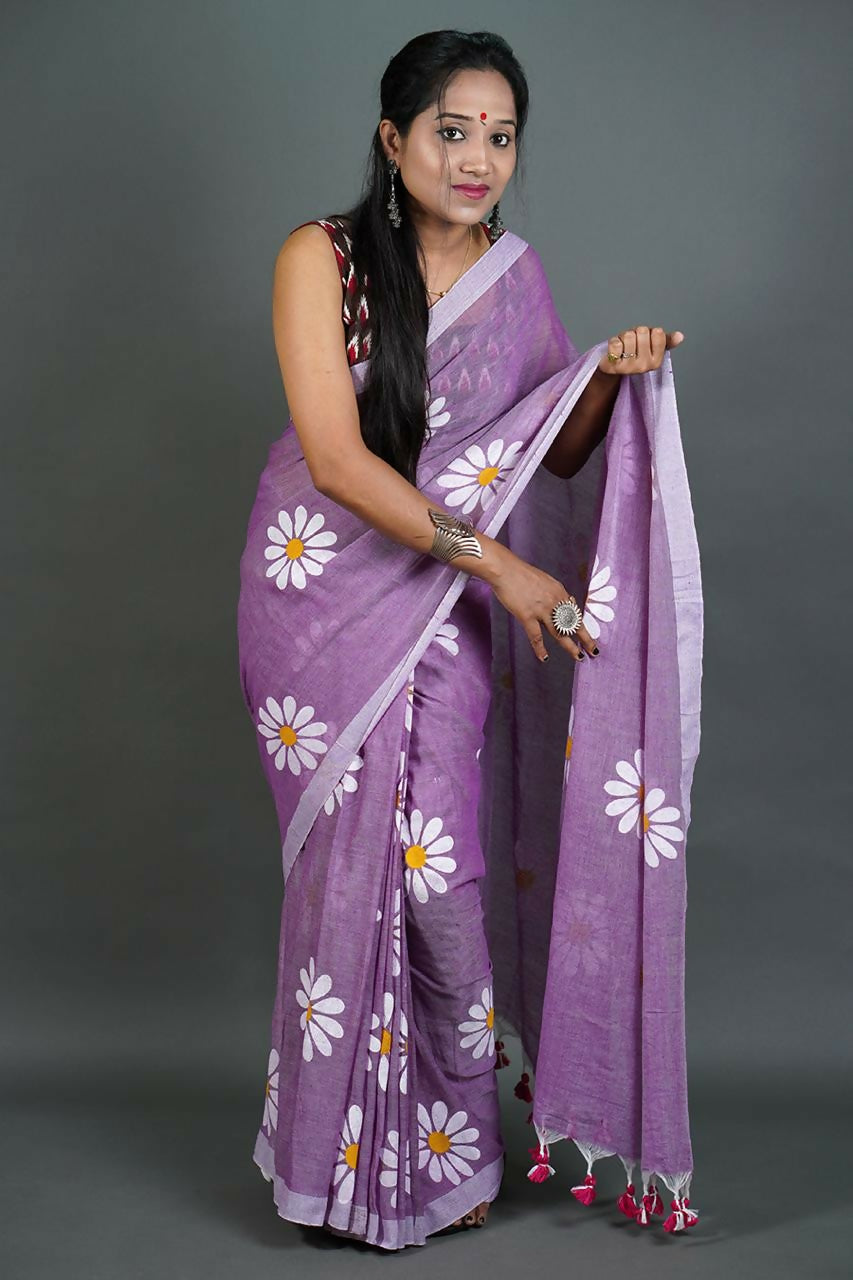 Exclusive Collection Mauve Pure Cotton Saree With Sunflower Design - Distacart