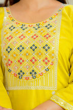 The52 Yellow Women's Beautiful Embroidered Viscose Shimmer Fabric with Straight Kurta, Pant and Dupatta Set - Distacart