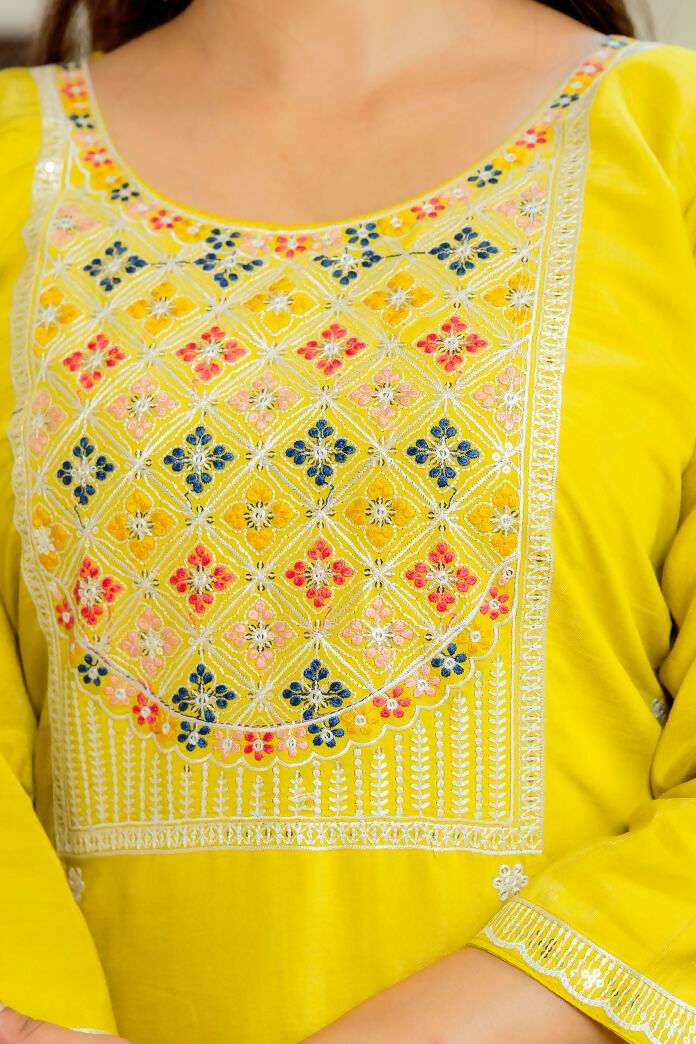 The52 Yellow Women's Beautiful Embroidered Viscose Shimmer Fabric with Straight Kurta, Pant and Dupatta Set - Distacart