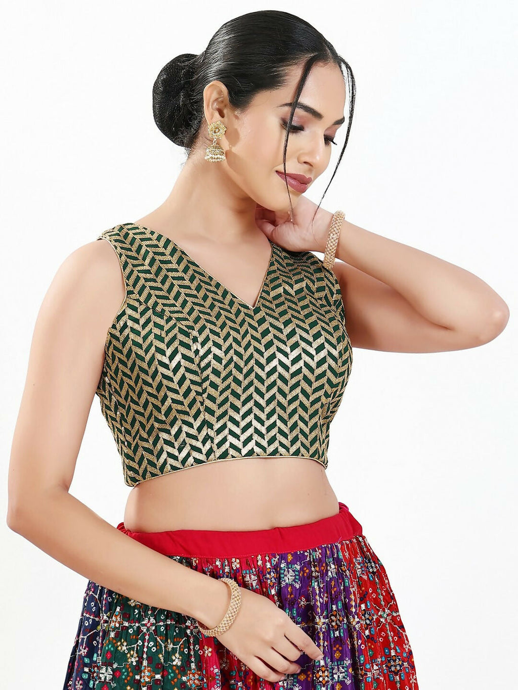 Joban Fashion Bottle Green Silk Padded Blouse With Sweetheart Neck Sleeveless - Distacart