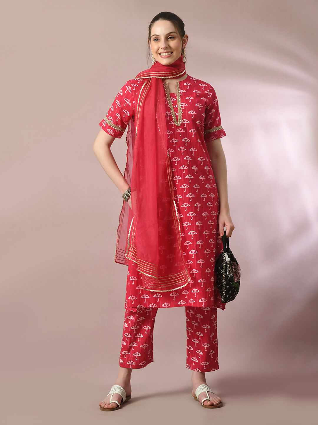 Myshka Women's Pink Printed Cotton Straight Party Kurta Set With Dupatta