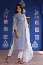 Yufta Kurta Women Grey & White Embroidered Kurta with Palazzo & Dupatta