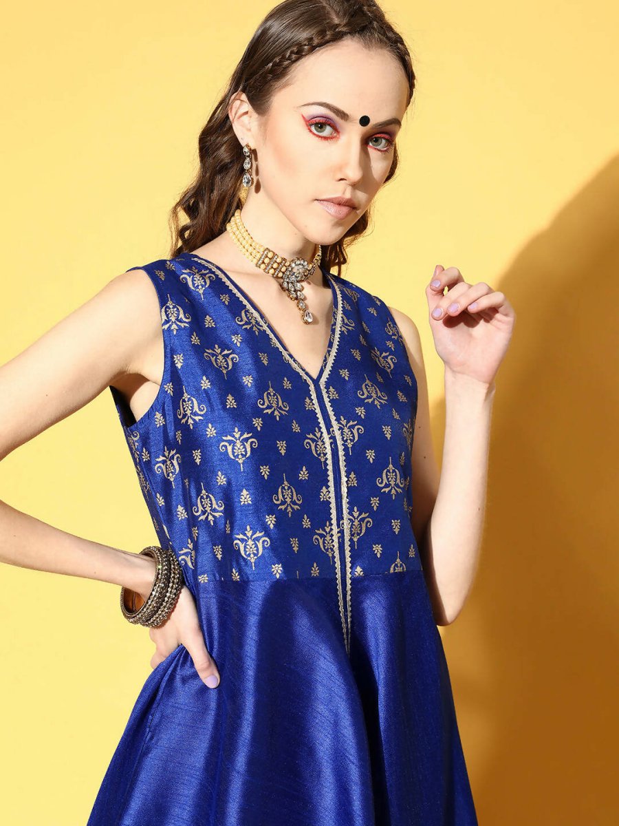 Ahalyaa Women Royal Blue Colour Poly Silk Printed Kurta Palazzo Set - Distacart