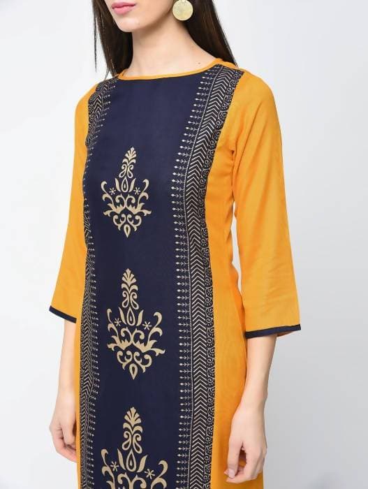 Aniyah Rayon Block Printed Straight Kurta In Mustard And Blue (AN-119K)