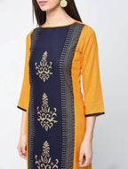 Aniyah Rayon Block Printed Straight Kurta In Mustard And Blue (AN-119K)