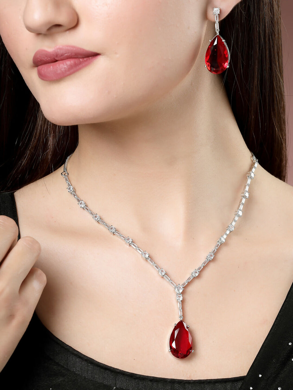 NVR Women's Silver-Plated Red Artificial Stones Studded Handcrafted Jewellery Set