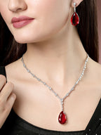 NVR Women's Silver-Plated Red Artificial Stones Studded Handcrafted Jewellery Set