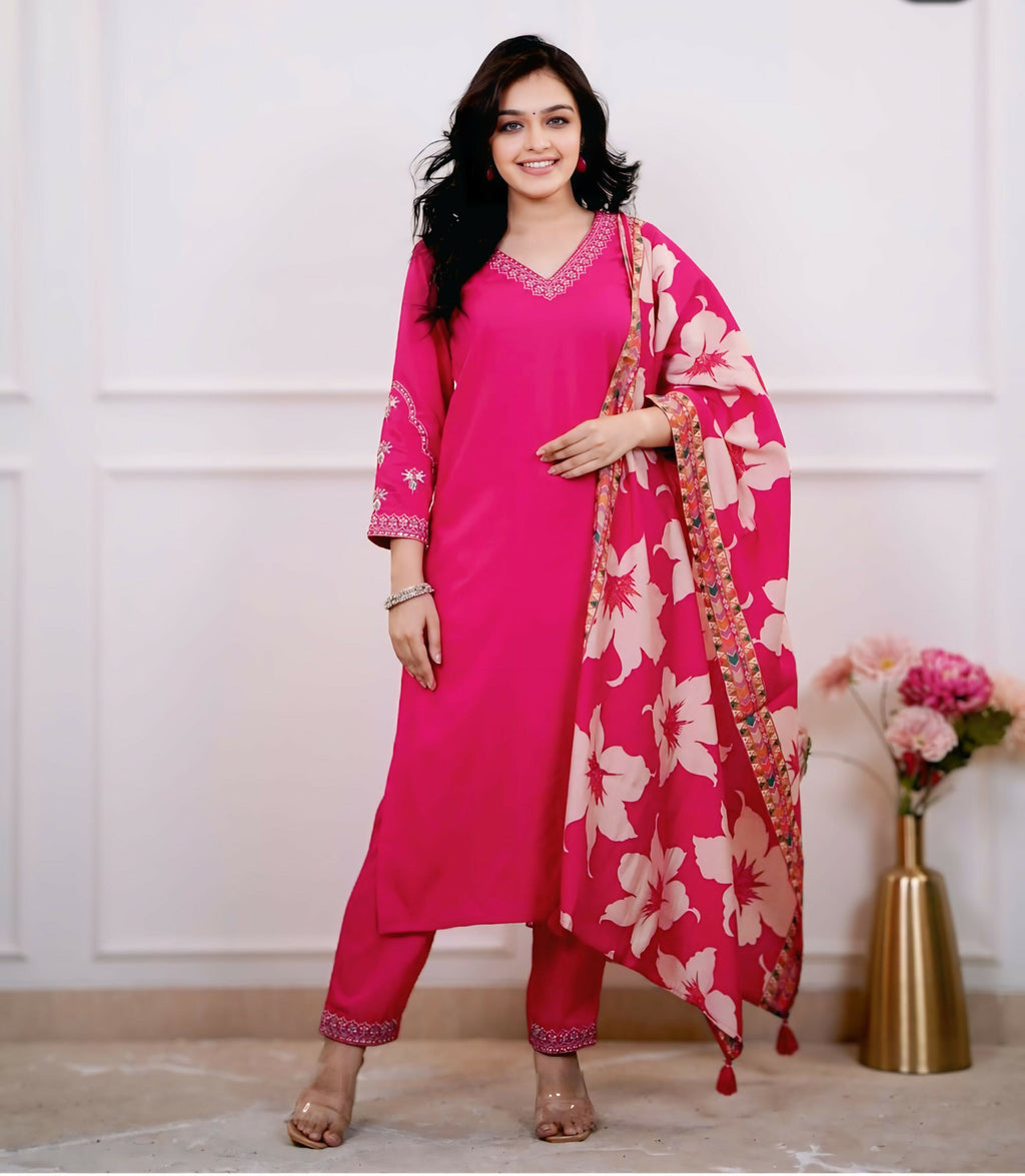 The52 Pink Women's Beautiful Viscose Silk Fabric Embroidered Work Straight Kurta Pant and Dupatta Set - Distacart