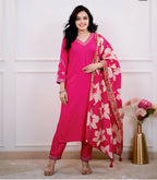 The52 Pink Women's Beautiful Viscose Silk Fabric Embroidered Work Straight Kurta Pant and Dupatta Set - Distacart