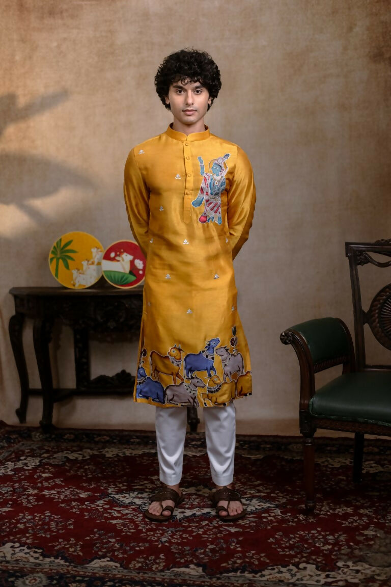 Falling Raw Silk Yellow Mural Krishna By Hilo Design