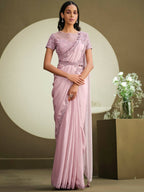 Pink Crepe Georgette Silk Sequence Embroidered With Stone Work Saree With Stitched Blouse - Mohmanthan La Belle