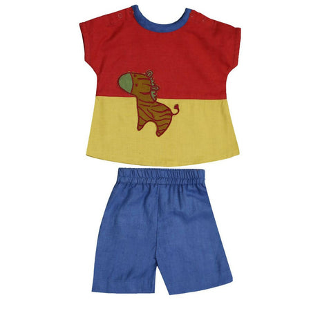 Mhyssa Morty Sleeve Red yellow T-shirt With Blue Shorts Set For Kids