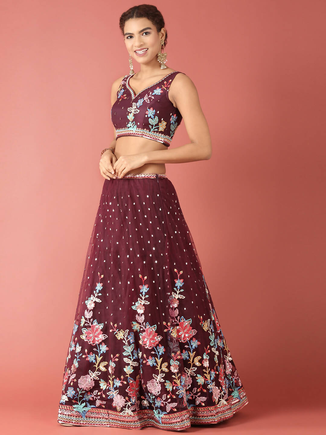 House of Panchhi Burgundy Net Multi colour Thread & Sequinse Work Lehenga & Blouse, Dupatta