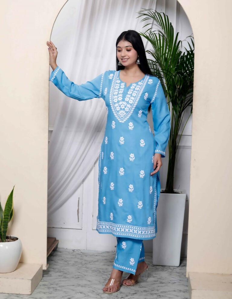 Miravan Women's Chikankari Embroidery Sky Blue Straight Kurta And Palazzo