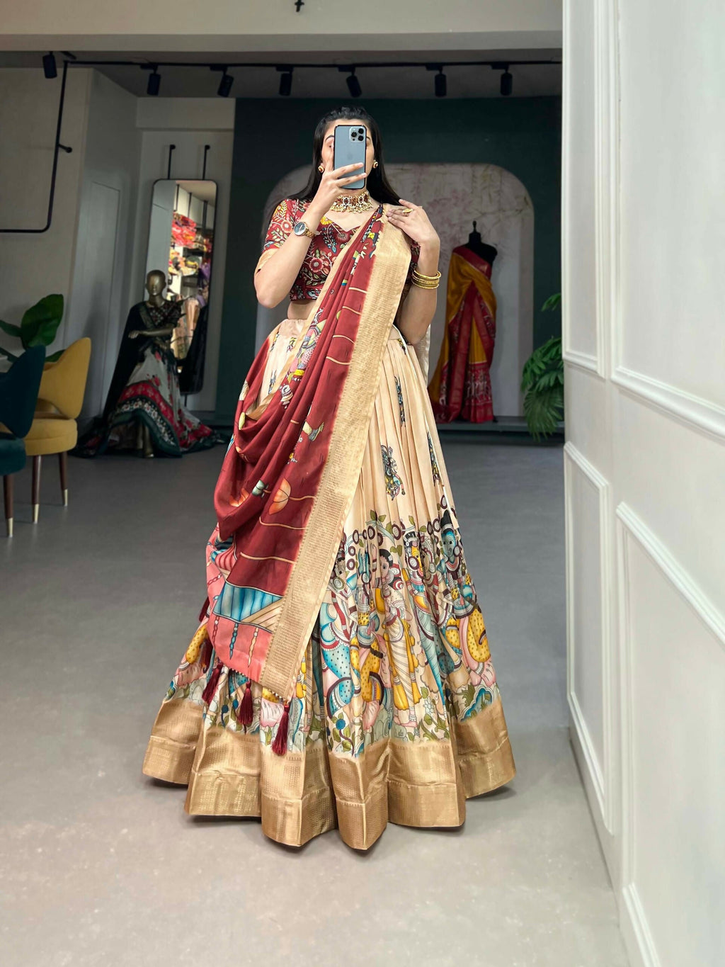 Vastranavya Kalamkari Print With Weaving Border Lehenga with Unstitched Blouse - Cream