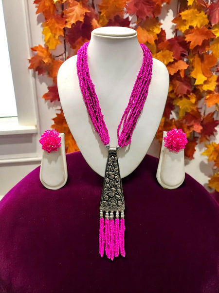 Inhanns Day-To-Dinner Tie Shaped Oxidized Black Metal Multi-Layered Long Only Necklace - Hot Pink