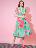 Myshka Women's Green Floral Printed Empire Dress - Distacart