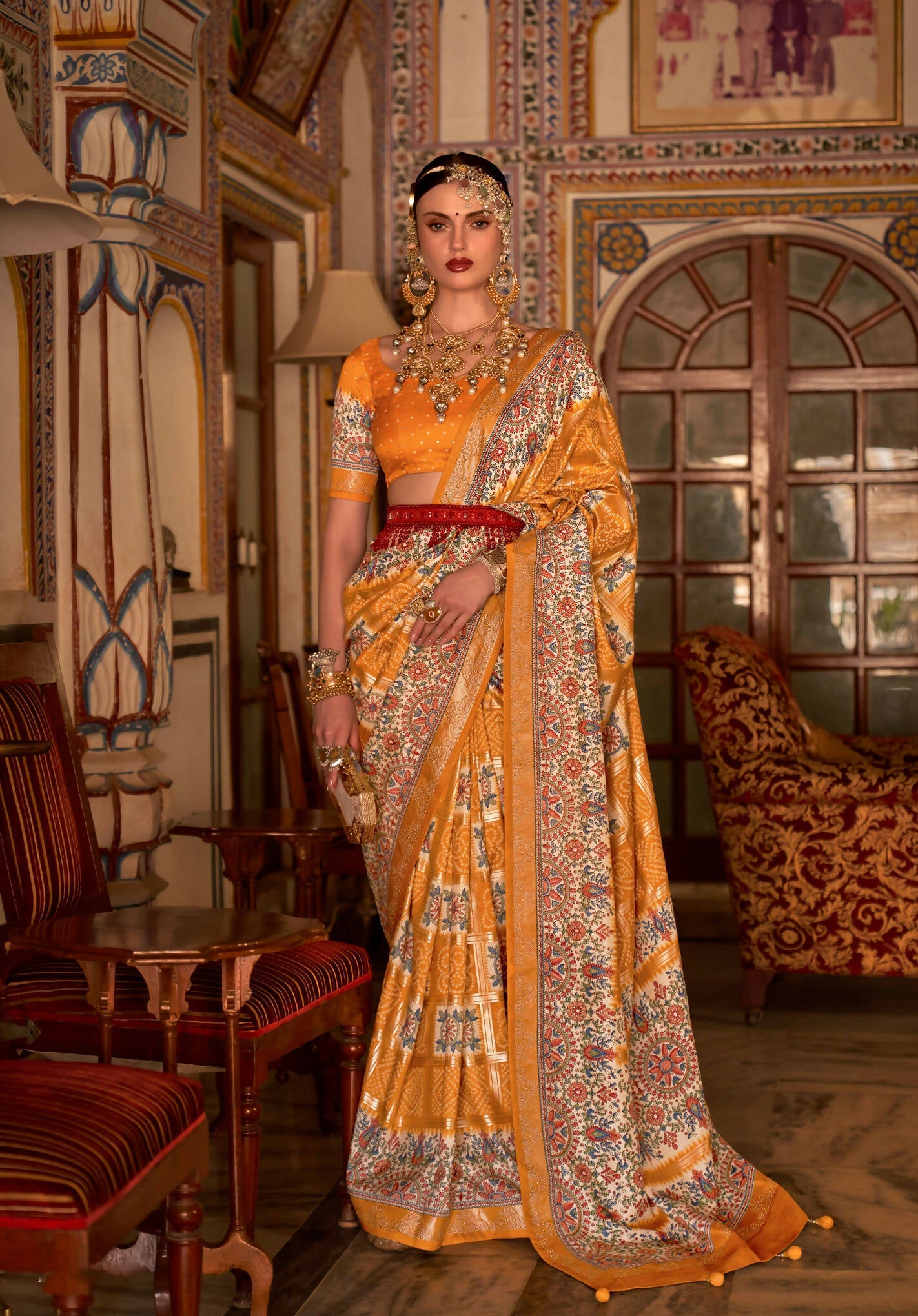 Hot Mustard P V Silk Digital Print, Zari Work Printed Saree - Rewaa Parampara