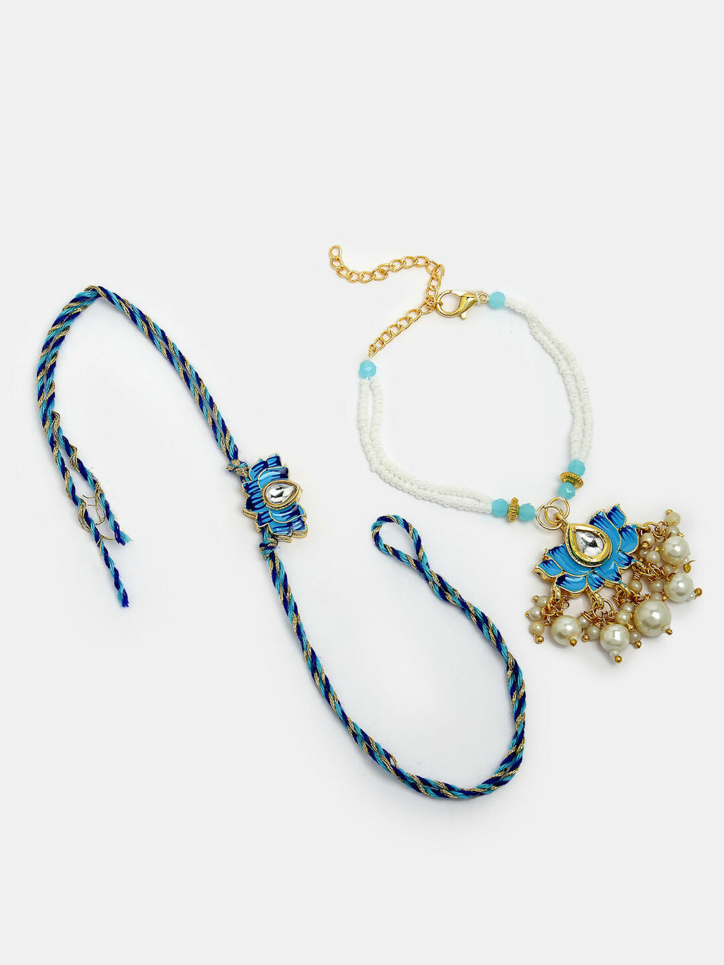 NVR Women & Men Set of 2 Blue Lotus Shape Kundan-Studded & Beaded Wraparound Rakhi Set With Roli Chawal & Chocolate - Distacart