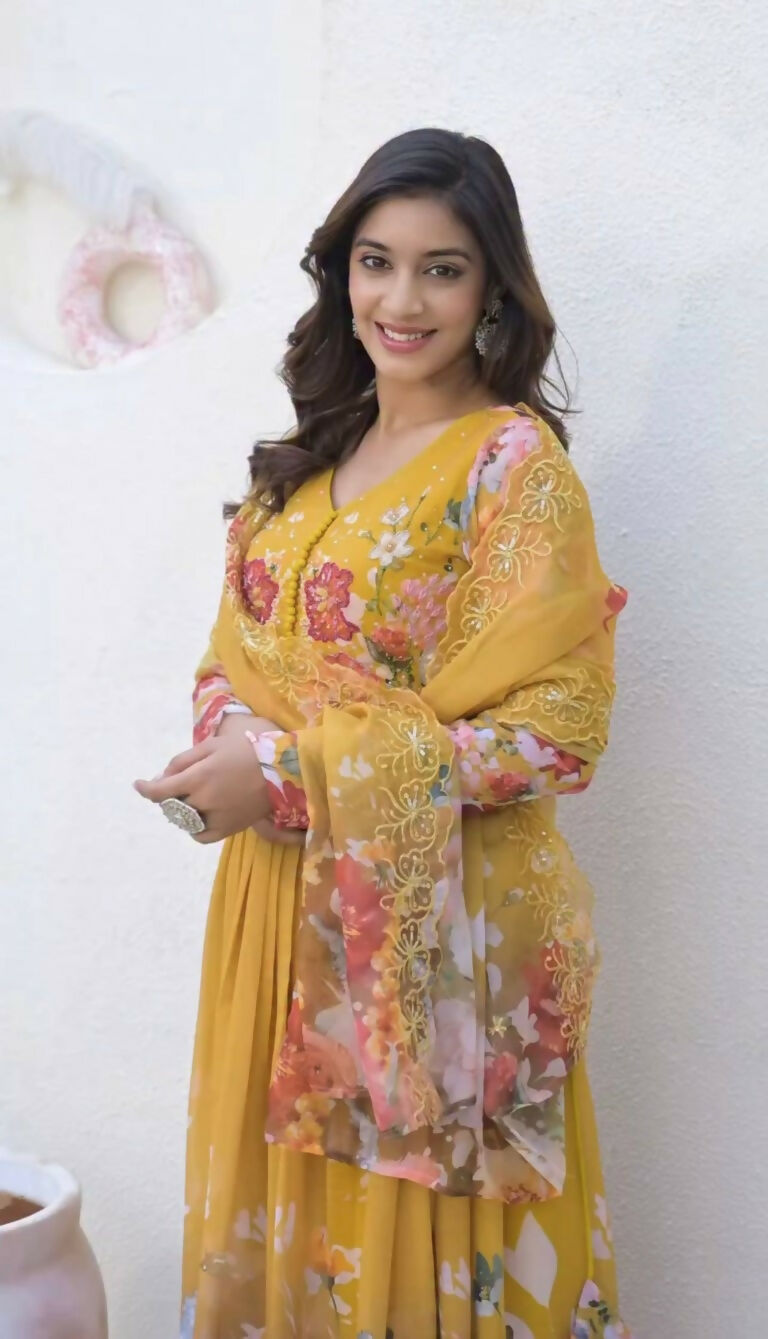 Teeya Creation Yellow Color Faux Georgette Printed Party Wear Gown - Distacart