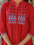 Juniper Women's Red Thread Embroidered Cotton Tunic With Mirror work & Buttons