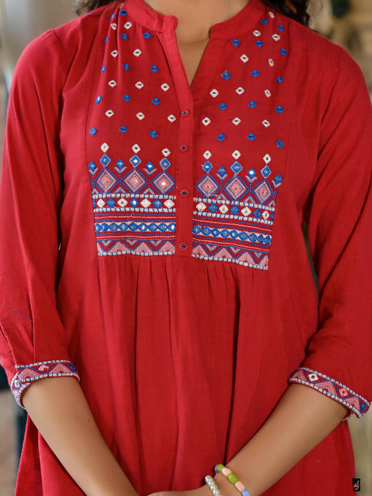 Juniper Women's Red Thread Embroidered Cotton Tunic With Mirror work & Buttons