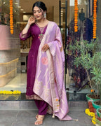 The52 Women's Beautiful Chanderi Fabric Embroidery Work Flared Kurta Pant and Dupatta Set - Distacart