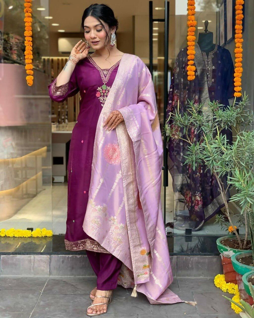 The52 Women's Beautiful Chanderi Fabric Embroidery Work Flared Kurta Pant and Dupatta Set - Distacart