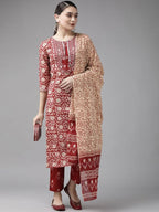Yufta Maroon & Beige Ethnic Motifs Screen Print Cotton Straight Kurta Palazzo & Dupatta