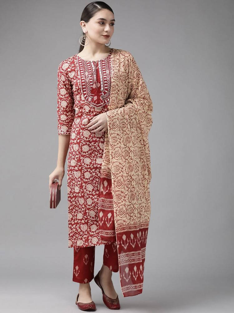 Yufta Maroon & Beige Ethnic Motifs Screen Print Cotton Straight Kurta Palazzo & Dupatta