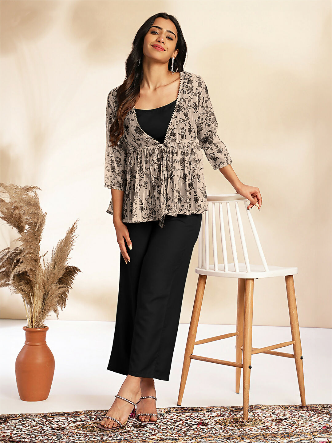 Janasya Black Crepe Solid Top,Bottom & Jacket