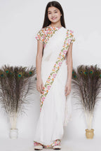 Little Bansi Floral Print Ready To Wear Saree And Floral Blouse - White