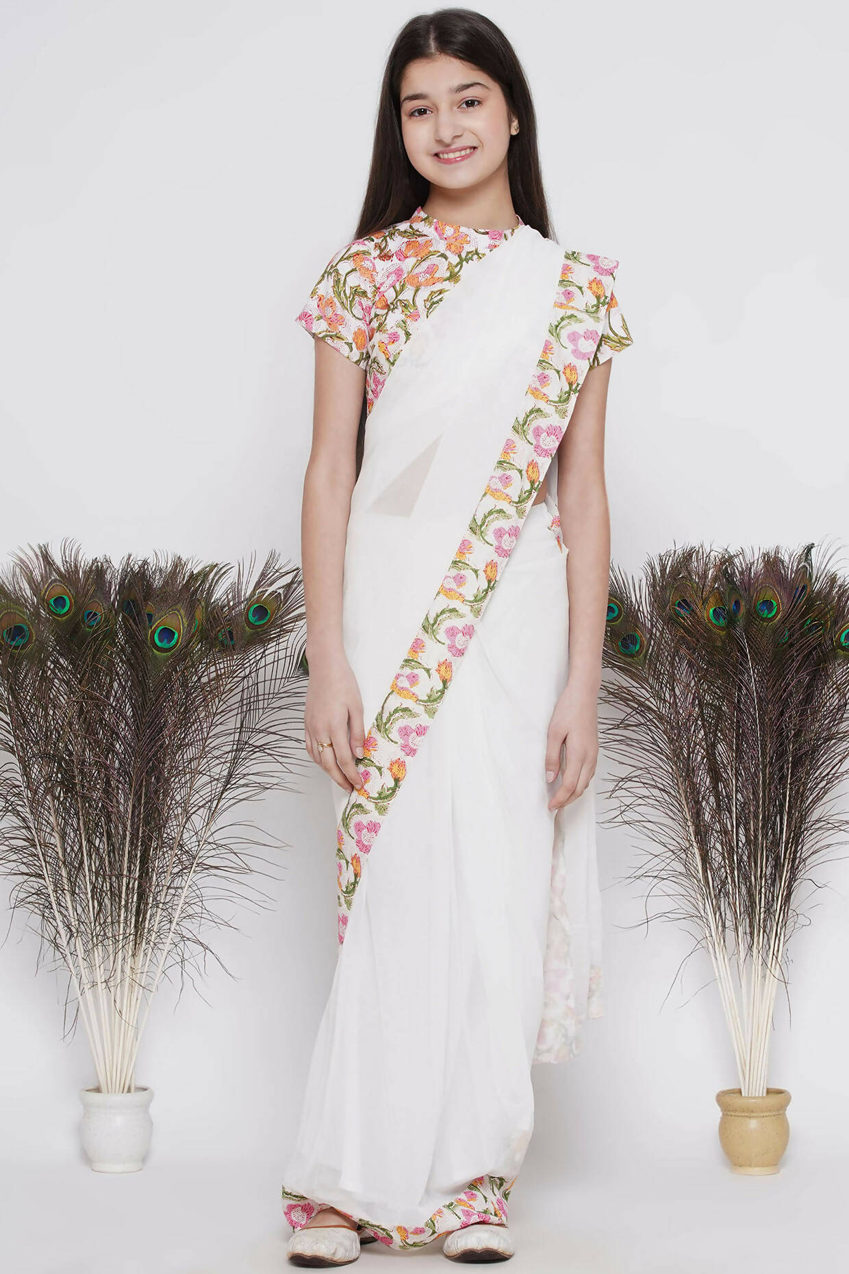 Little Bansi Floral Print Ready To Wear Saree And Floral Blouse - White