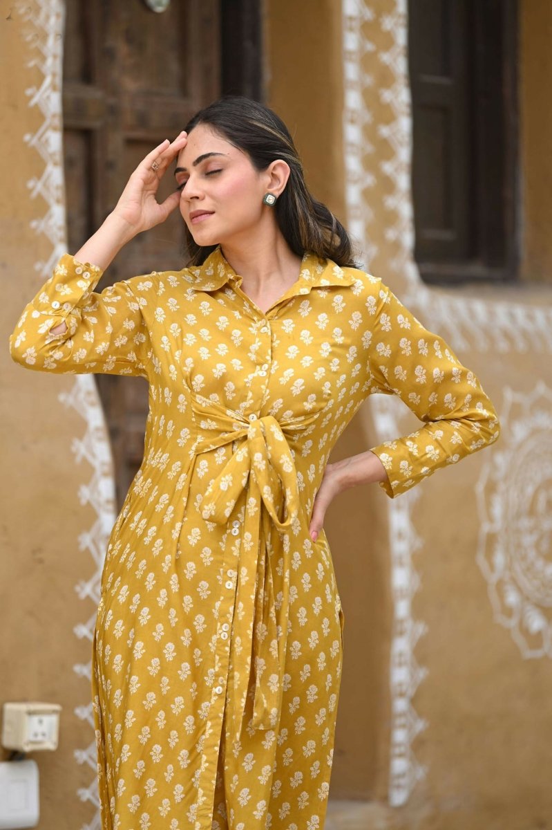 Aayaa Pure Muslin printed Kurti & Pant - Mustard yellow