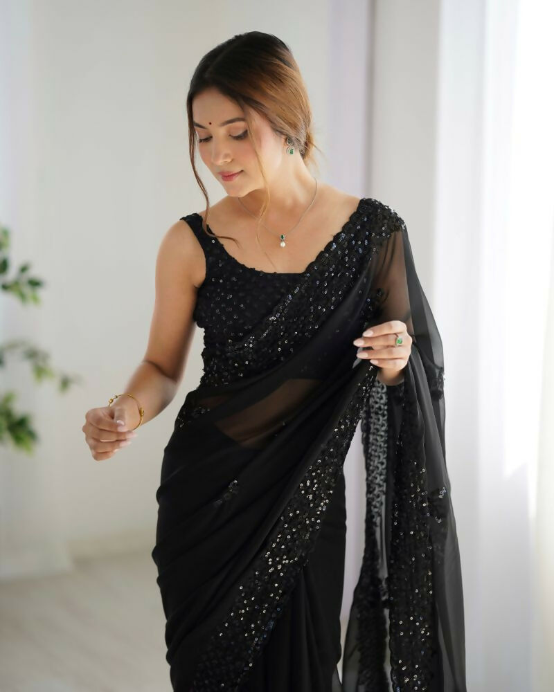 Attractive Looking Georgette Thread, Sequance Embroidery Work Party Wear Saree - Black