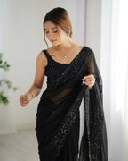 Attractive Looking Georgette Thread, Sequance Embroidery Work Party Wear Saree - Black