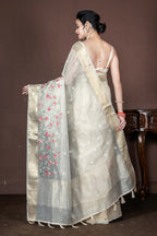 Morchari Beige Banarasi Tissue Computer Embroidery Saree Unstitched Blouse - Distacart