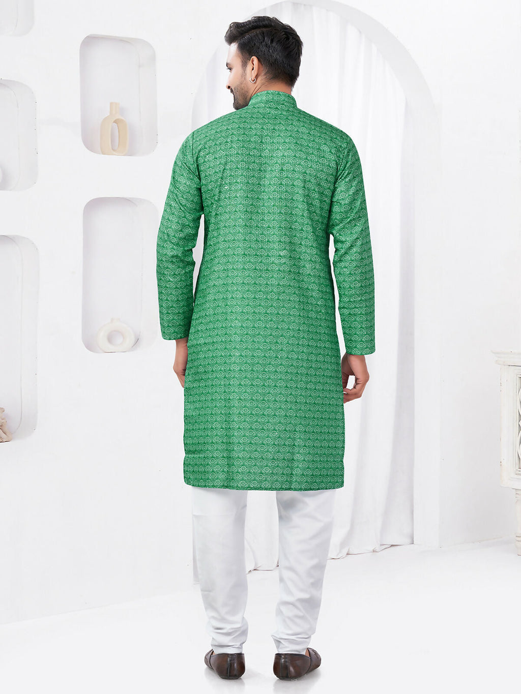 Joban Fashion Men's Rayon Cotton Green Printed Kurta Pyjama set
