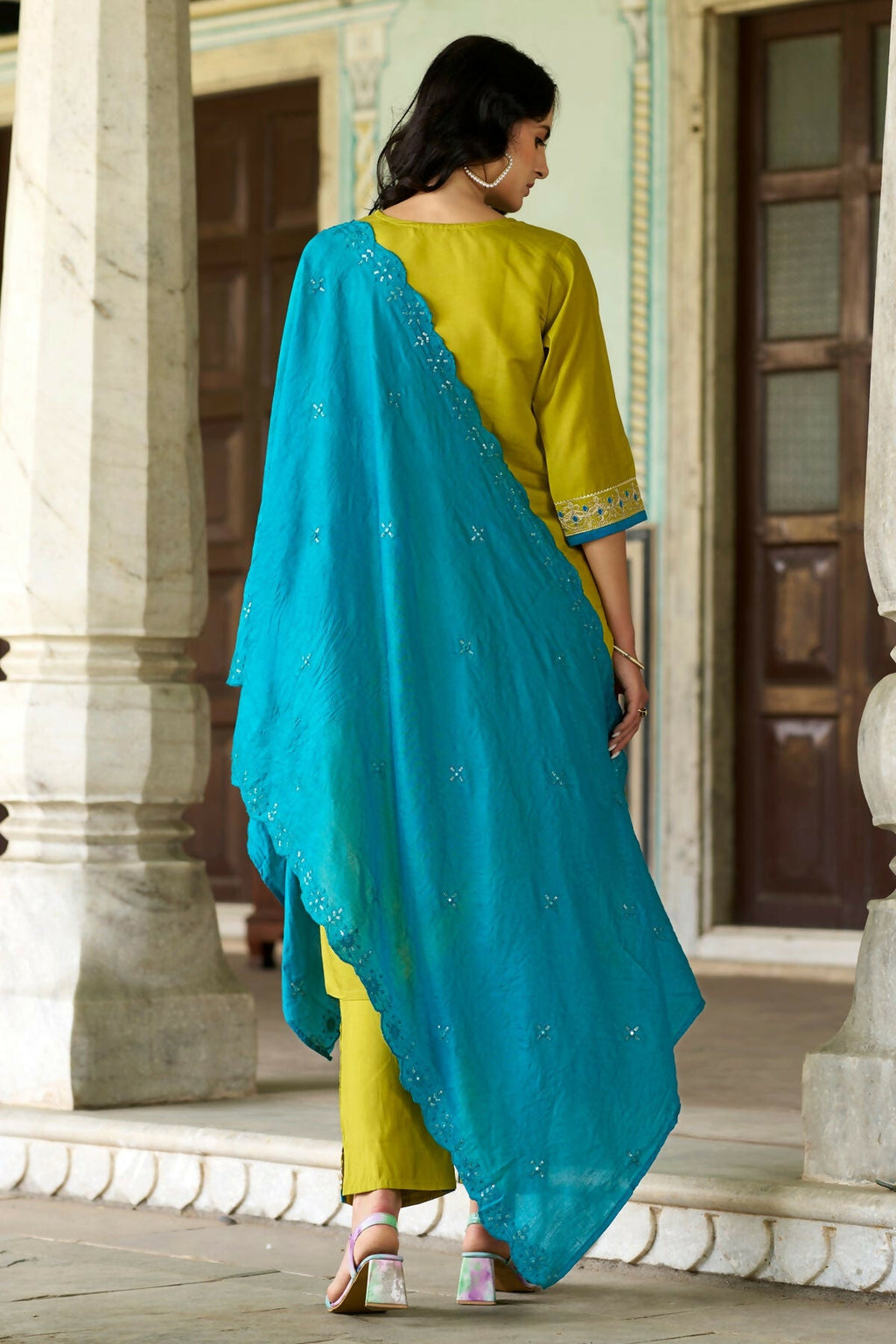 The52 Lemon Beautiful Embroidered Viscose Chanderi Fabric Straight Kurta Pant with Dupatta Set - Distacart