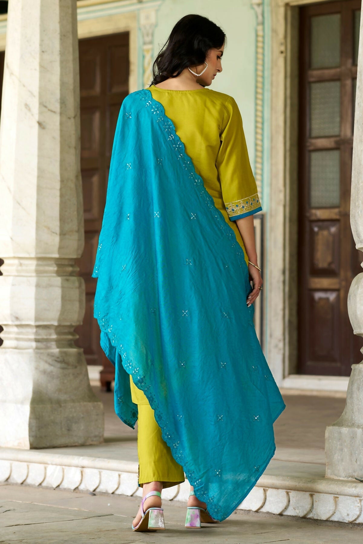 The52 Lemon Beautiful Embroidered Viscose Chanderi Fabric Straight Kurta Pant with Dupatta Set - Distacart