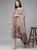Yufta Women Maroon Pure Cotton Ethnic Motifs Printed Kurta with Palazzo & Dupatta