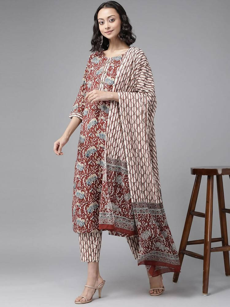 Yufta Women Maroon Pure Cotton Ethnic Motifs Printed Kurta with Palazzo & Dupatta