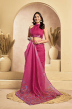 Vastranavya Pink Digital Printed Linen Ready To Wear Designer Saree with Unstitched Blouse - Distacart